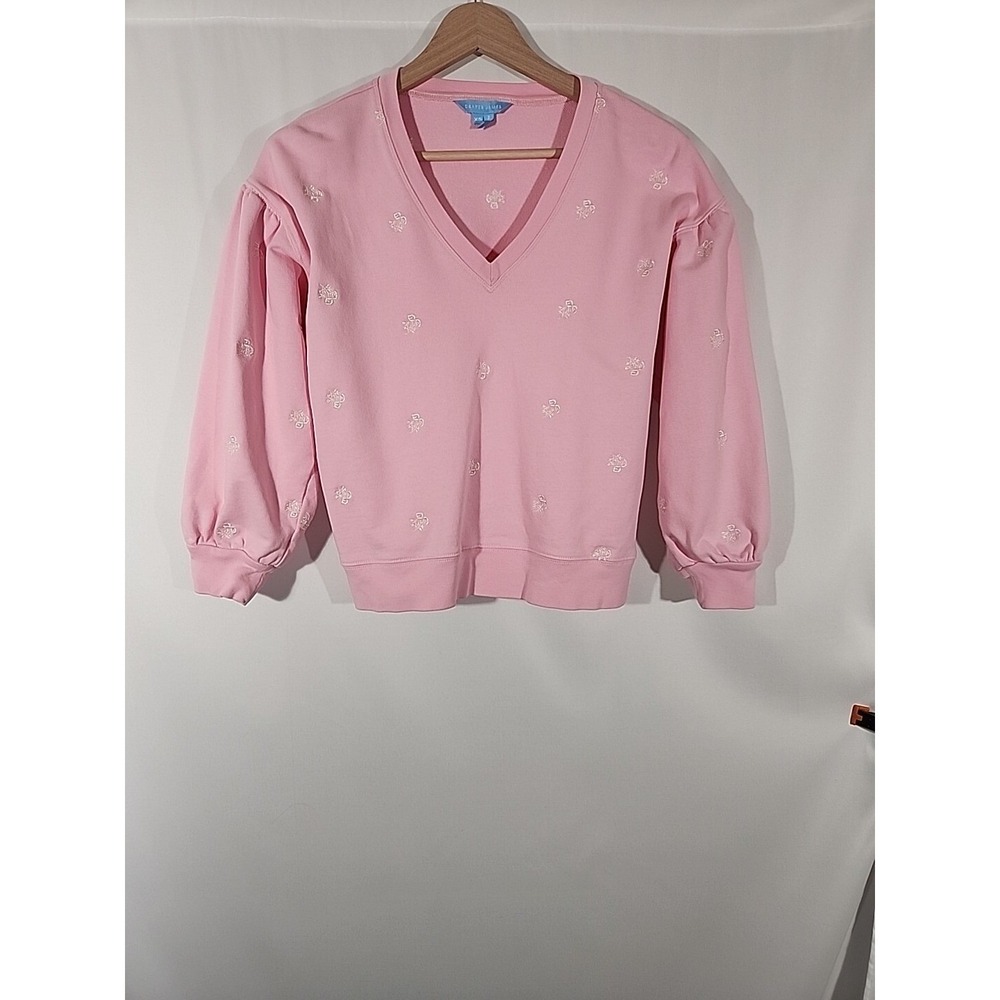 Draper James Bobbie V Neck Sweatshirt Embroidered Viola Flowers Womens XS‎